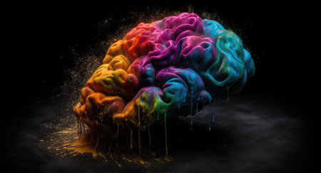 Creative art brain explodes with paints with splashes on a black background, concept idea. AI...