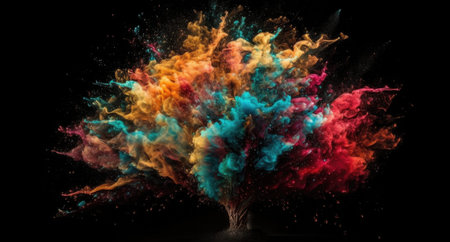 Creative art brain explodes with paints with splashes on a black background, concept idea. AI Generative.の写真素材