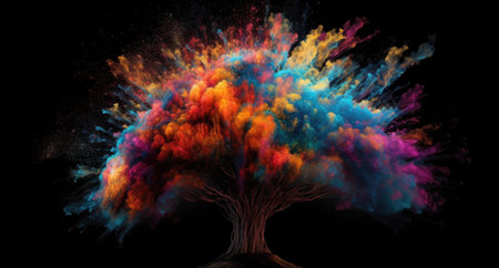 Creative art brain explodes with paints with splashes on a black background, concept idea. AI...