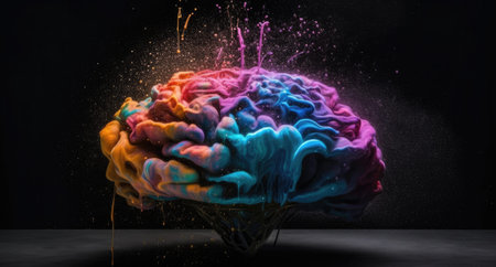 Creative art brain explodes with paints with splashes on a black background, concept idea. AI Generative.の写真素材