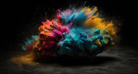 Creative art brain explodes with paints with splashes on a black background, concept idea. AI...