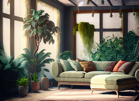 Warm and cozy interior of living room space with sofa, pouf, carpet, lamp, mock up poster frame, decoration, plant and coffee table. Cozy home decor. Template. AI Generative.の素材