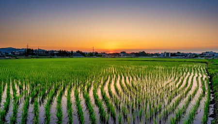 Beautiful green rice field in Beautiful sunrise. Generative AI.の素材