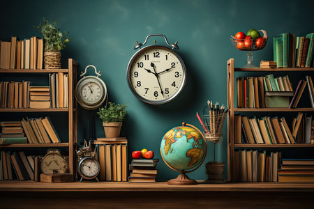 Beautiful workshop or library with clocks, watch and antiques. Wooden atelier with dust and wooden floor, old clocks on walls. Photo realistic background, wallpaper, illustration.AI Generative.の素材