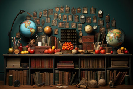 Beautiful workshop or library with clocks, watch and antiques. Wooden atelier with dust and wooden floor, old clocks on walls. Photo realistic background, wallpaper, illustration.AI Generative.の素材