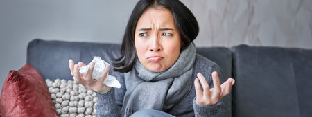 Cost of living and heating problems. Close up of angry girl sneezing, staying at home and freezing, wearing warm clothes and scarfの写真素材