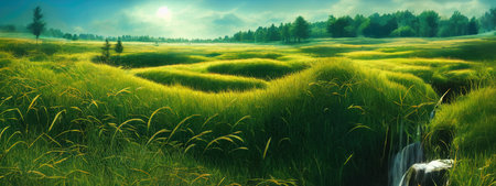 Green field, tree and blue sky. Great as a background,web banner. Generative AI.の素材