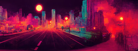 Cyberpunk neon city night. Futuristic city scene in a style of pixel art. 80s wallpaper. Retro future. Generative AI illustration. Urban scene.の素材