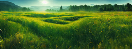 Green field, tree and blue sky. Great as a background,web banner. Generative AI.の素材