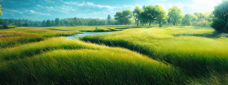 Green field, tree and blue sky. Great as a background,web banner. Generative AI.の素材