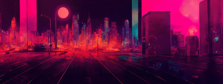Cyberpunk neon city night. Futuristic city scene in a style of pixel art. 80s wallpaper. Retro future. Generative AI illustration. Urban scene.の素材