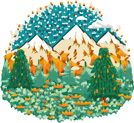 Vector illustration of beautiful dark blue mountain landscape with fog and forest. sunrise and sunset in mountains.のイラスト素材