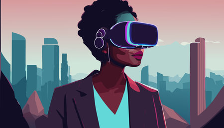 Metaverse Digital Virtual Reality Technology of a woman with glasses and a headset VR connected to the virtual space. Vector Illustration.のイラスト素材