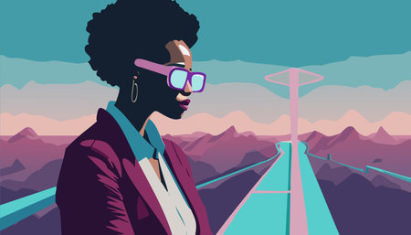 Metaverse Digital Virtual Reality Technology of a woman with glasses and a headset VR connected to the virtual space. Vector Illustration.のイラスト素材