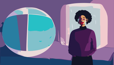 Metaverse Digital Virtual Reality Technology of a woman with glasses and a headset VR connected to the virtual space. Vector Illustration.のイラスト素材