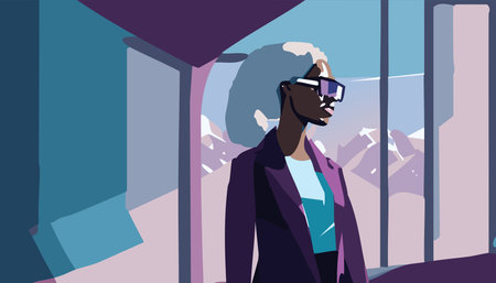 Metaverse Digital Virtual Reality Technology of a woman with glasses and a headset VR connected to the virtual space. Vector Illustration.のイラスト素材