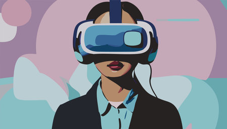 Metaverse Digital Virtual Reality Technology of a woman with glasses and a headset VR connected to the virtual space. Vector Illustration.のイラスト素材