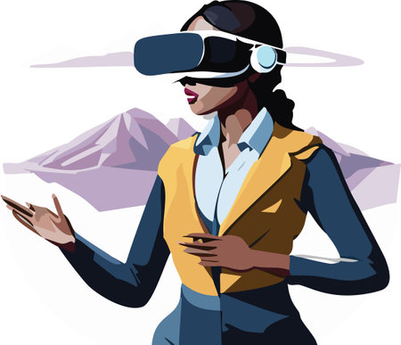 Metaverse Digital Virtual Reality Technology of a woman with glasses and a headset VR connected to the virtual space. Vector Illustration.のイラスト素材