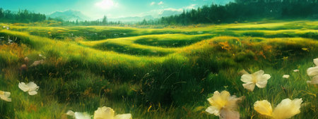 Green field, tree and blue sky.Great as a background,web banner. Generative AI.の素材