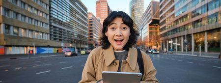 Portrait of korean girl looks surprised, found out something amazing, holding digital tablet with joyful face, stands on street of city centreの写真素材