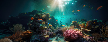 Tropical sea underwater fishes on coral reef. Aquarium oceanarium wildlife colorful marine panorama landscape nature snorkel diving. AI Generative.の素材