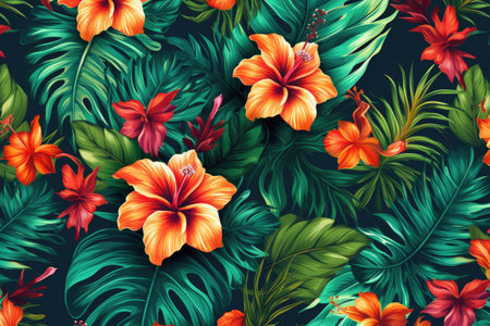 Tropical exotic pattern with animal and flowers in bright colors and lush vegetation. Ai Generative.の素材