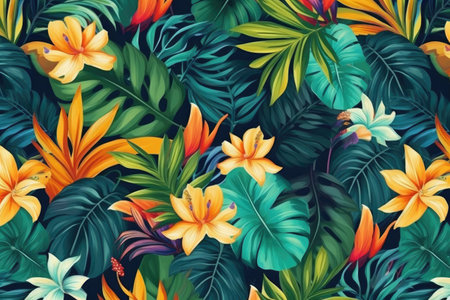 Tropical exotic pattern with animal and flowers in bright colors and lush vegetation. Ai Generative.の素材