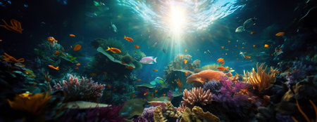Tropical sea underwater fishes on coral reef. Aquarium oceanarium wildlife colorful marine panorama landscape nature snorkel diving. AI Generative.の素材