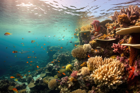Tropical sea underwater fishes on coral reef. Aquarium oceanarium wildlife colorful marine panorama landscape nature snorkel diving. AI Generative.の素材