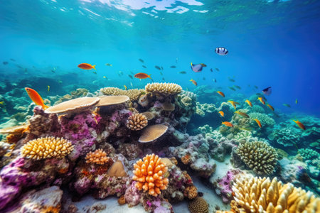 Tropical sea underwater fishes on coral reef. Aquarium oceanarium wildlife colorful marine panorama landscape nature snorkel diving. AI Generative.の素材