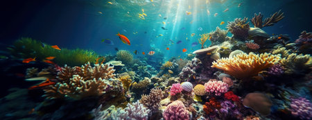 Tropical sea underwater fishes on coral reef. Aquarium oceanarium wildlife colorful marine panorama landscape nature snorkel diving. AI Generative.の素材