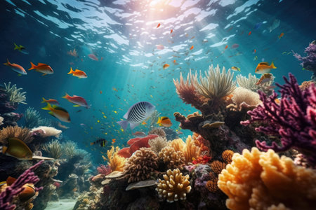 Tropical sea underwater fishes on coral reef. Aquarium oceanarium wildlife colorful marine panorama landscape nature snorkel diving. AI Generative.の素材