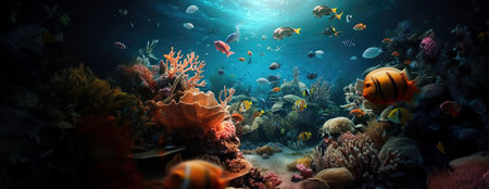 Tropical sea underwater fishes on coral reef. Aquarium oceanarium wildlife colorful marine panorama landscape nature snorkel diving. AI Generative.の素材