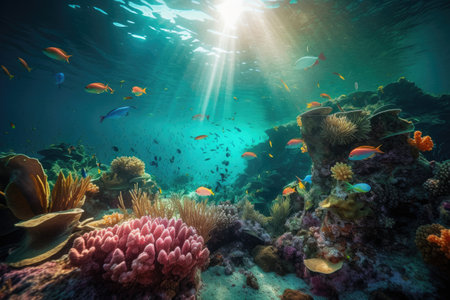 Tropical sea underwater fishes on coral reef. Aquarium oceanarium wildlife colorful marine panorama landscape nature snorkel diving. AI Generative.の素材