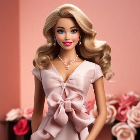 bright portrait of a blonde with curls in pink on a pink background. Ai Generative.の素材