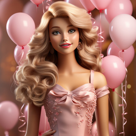 bright portrait of a blonde with curls in pink on a pink background. Ai Generative.の素材