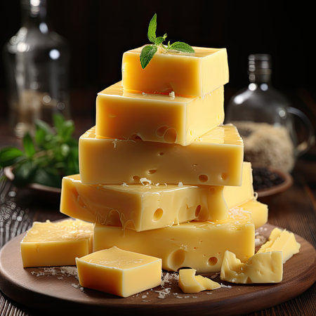 Cheese mix on wooden plate still-life. Ai Generative.の素材