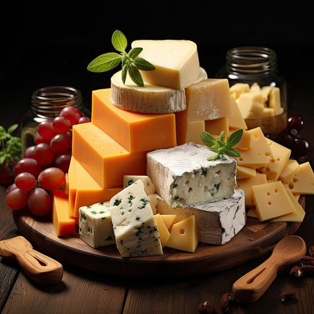 Cheese mix on wooden plate still-life. Ai Generative.の素材