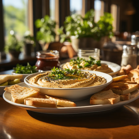 Hummus in a wooden plate with parsley and croutons. Dishes of chickpeas, a vegetarian dish. Ai Generative.の素材