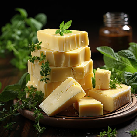 Cheese mix on wooden plate still-life. Ai Generative.の素材