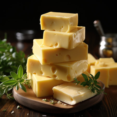 Cheese mix on wooden plate still-life. Ai Generative.の素材