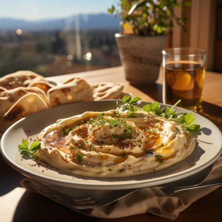 Hummus in a wooden plate with parsley and croutons. Dishes of chickpeas, a vegetarian dish. Ai Generative.の素材