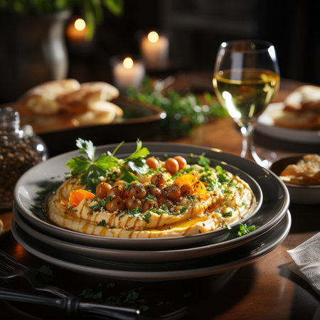 Hummus in a wooden plate with parsley and croutons. Dishes of chickpeas, a vegetarian dish. Ai Generative.の素材