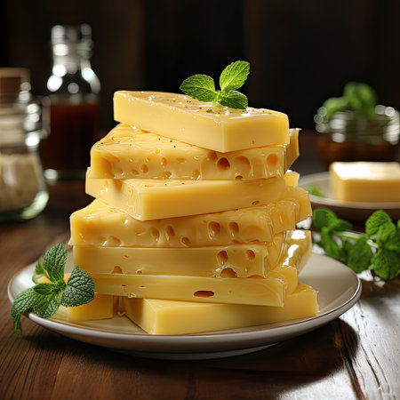 Cheese mix on wooden plate still-life. Ai Generative.の素材