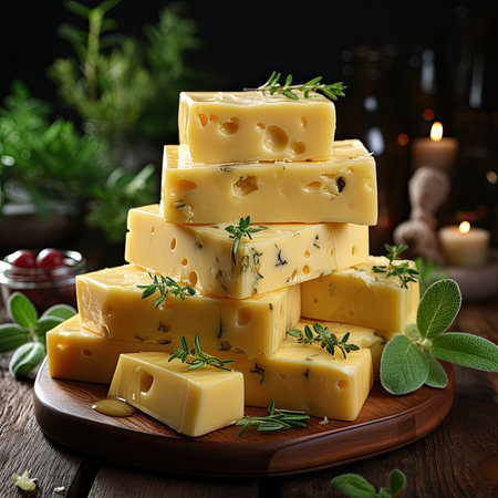 Cheese mix on wooden plate still-life. Ai Generative.の素材