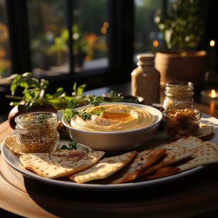 Hummus in a wooden plate with parsley and croutons. Dishes of chickpeas, a vegetarian dish. Ai Generative.の素材