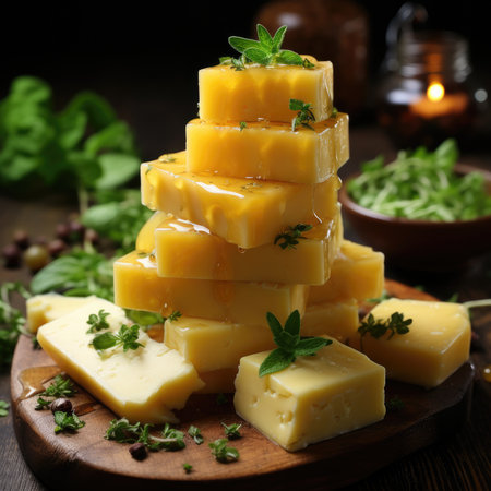 Cheese mix on wooden plate still-life. Ai Generative.の素材