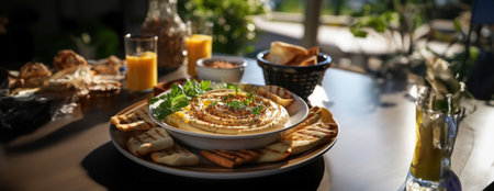 Hummus in a wooden plate with parsley and croutons. Dishes of chickpeas, a vegetarian dish. Ai Generative.の素材