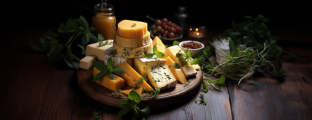 Cheese mix on wooden plate still-life. Ai Generative.の素材