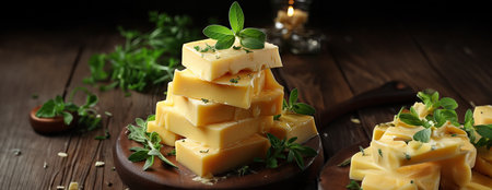 Cheese mix on wooden plate still-life. Ai Generative.の素材